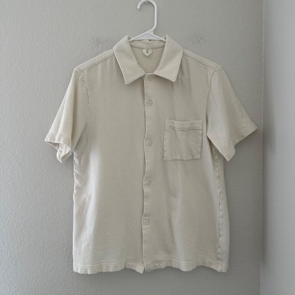 Arket Textured Casual Button Down Shirt Short Sleeve Cotton Ivory Sz XL